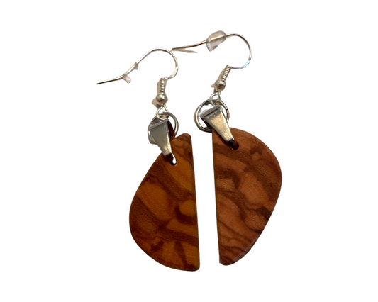 Olive Wood Earrings Half tear drop shaped, with sterling silver hooks and earring protector