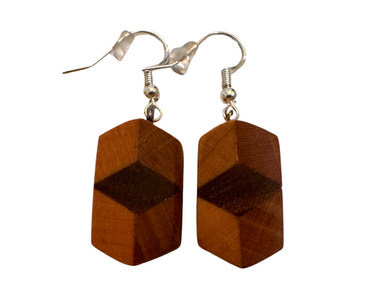 Exotic Wood Earrings with Sterling Silver Hooks, six sided with diamond shape in the middle